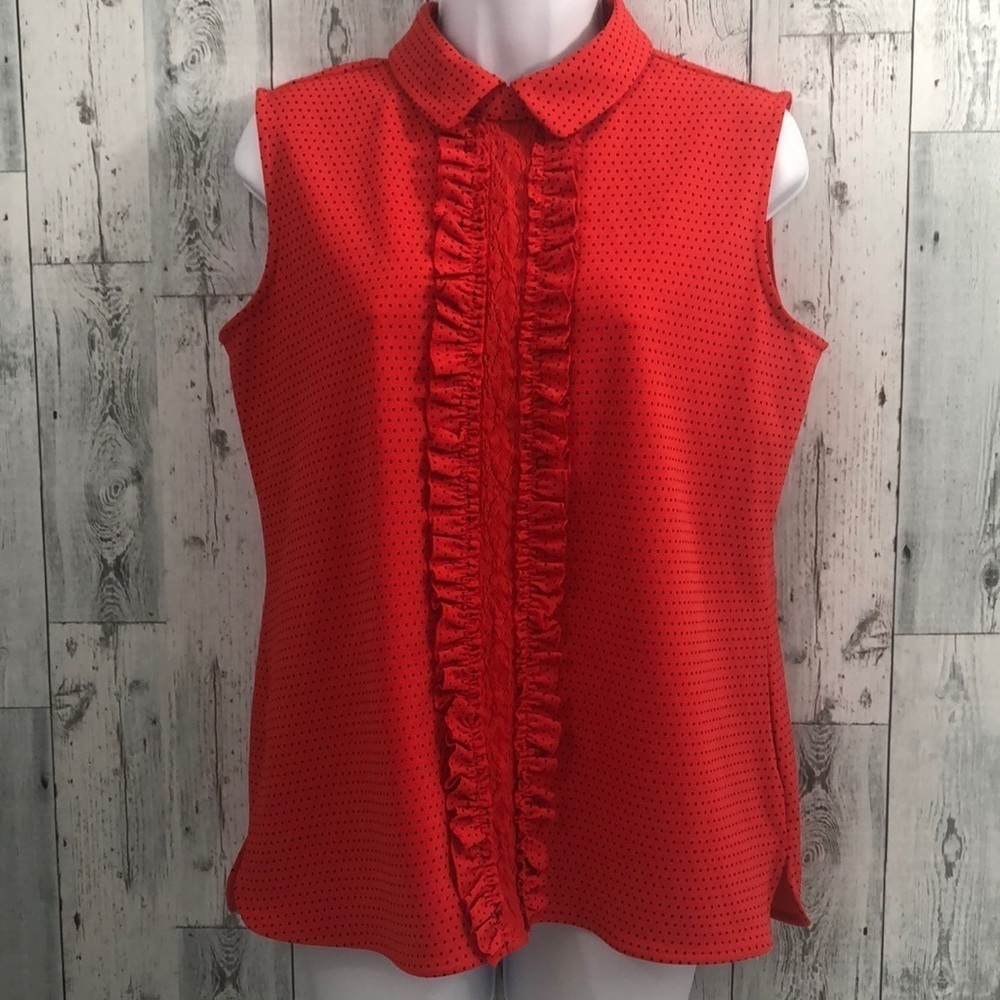 Karl Lagerfeld Red Black Polka Dot Ruffle Blouse Small